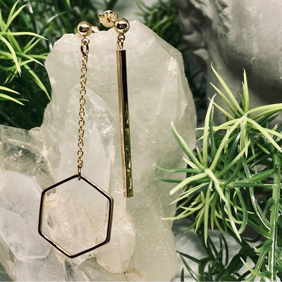 Hexagon and Bar Gold Dangle Earrings 925 Sterling Silver Gold Plated - Picture 4 of 6